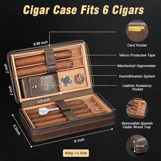 TISFA Cigar Travel Humidor for Cigars Portable Cigar Humidor with All in one Cigar Torch Lighter, Cigar Humidifier, Hygrometer, Cigar Accessories Gift Set, Cedar Wood Lined Cigar Case (Textured Brown)