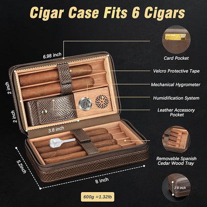 TISFA Cigar Travel Humidor for Cigars Portable Cigar Humidor with All in one Cigar Torch Lighter, Cigar Humidifier, Hygrometer, Cigar Accessories Gift Set, Cedar Wood Lined Cigar Case (Textured Brown)