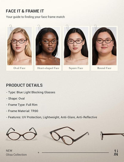 TIJN Olisa Blue Light Blocking Glasses for Women Men,Oval Glasses Frame Bluelight Glasses for Gaming/Computer/Screen
