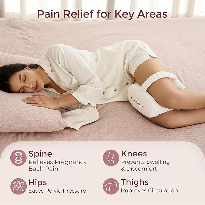 Momcozy Knee Pillow for Side Sleepers, Soft Memory Foam Support Spine Alignment Pregnancy Leg Pillow for Hips, Back, Sciatica Pain, Fixed Strap for Moving, Wider Contact Even Pressure
