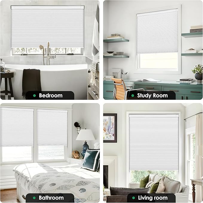 LazBlinds No Tools No Drill Cordless Cellular Shades, Blackout Light Blocking Honeycomb Shades for Home, Thermal Insulation Blinds for Windows, 26" W x 48" H, White