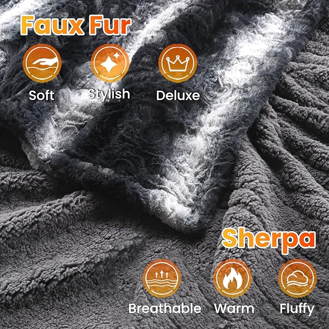 WOOMER Heated Blanket Full Size 77" x 84", Electric Blanket with a Control, 0.5-12 Hours Timer & 10 Heating Levels, ETL Certified, Black Grey Flowers Patterns Faux Fur & Sherpa, Machine Washable