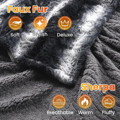 WOOMER Heated Blanket Full Size 77" x 84", Electric Blanket with a Control, 0.5-12 Hours Timer & 10 Heating Levels, ETL Certified, Black Grey Flowers Patterns Faux Fur & Sherpa, Machine Washable