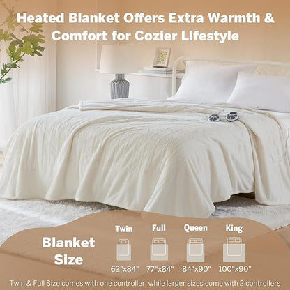 Serta Heated Blanket, Electric Queen Size Blanket, Soft, Warm, Fuzzy Heating Blanket Queen for Office, Couch, 1-12 hr Auto Shut Off Timer, 10 Lv Heat Setting, ETL Certified, Queen 84" x 90" Ivory