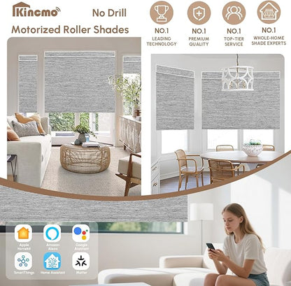 Kincmo No Drill Motorized Blinds with Remote, 100% Blackout Roller Shades for Windows, Custom Electric Blinds Compatible with Alexa, Apple Homekit, Google Home (100% Blackout Dreamy Grey)