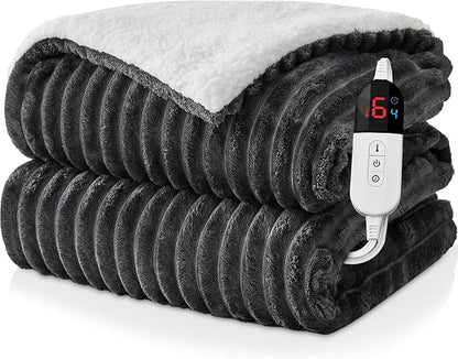 Electric Heated Blanket Queen Size Dual Control - 84"x90" Fast Heating Bed Blankets with 6 Heating Levels & 10 Hours Auto Off, Soft Ribbed Flannel, Over-Heat Protection ETL, Dark Gray