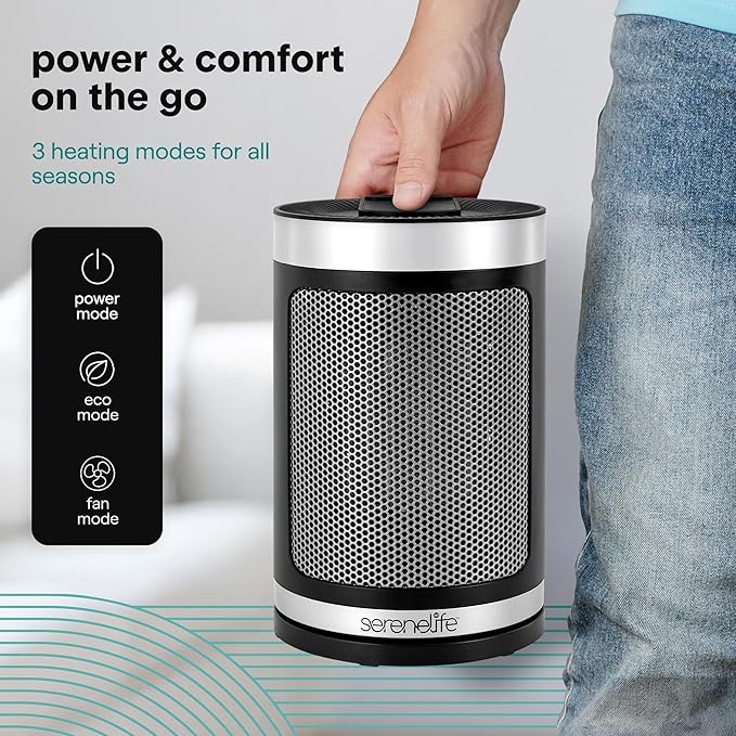 SereneLife Portable Space Heater – 1500W PTC Ceramic Electric Heater with Thermostat, Remote, 12-Hour Timer, 3 Heating Modes, Oscillation, Safe & Quiet for Home, Office, Bedroom (Black)