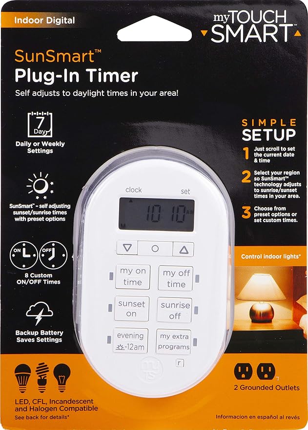 myTouchSmart Simple Set 7-Day Digital Timer, 2 Grounded Outlet Timer, Sunrise-Sunset Indoor Timer Outlet, Programmable ON/OFF Plug Timer, 125V Light Timer, Lamp Timer, Seasonal Lights, White, 35150