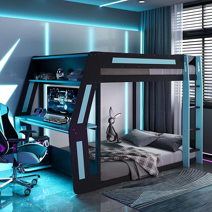 Full Size Gaming Loft Bed with Desk & Charging Ports & RGB Light Strip,Heavy-Duty Wood Bunk Bed Frame with Storage Shelves,Safety Guardrails & Ladder for PC & Console Gamers,Under-Bed Space,Cloud Blue