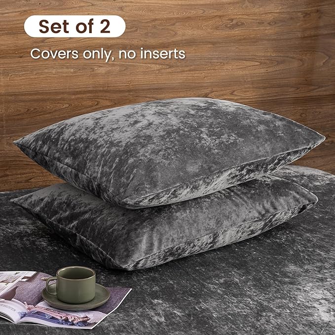 PHF Truly Velvet Pillowcases Standard Size, No Insert, 2 Pack Ultra Soft Breathable Pillow Shams Covers with Envelope Closure, 20" X 26" Luxury Cozy Warm Fuzzy Flannel, Charcoal/Dark Grey