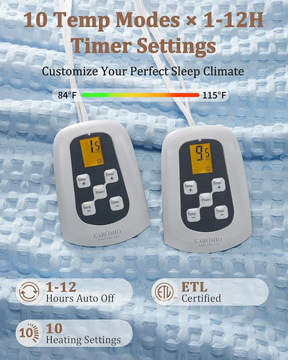 CAROMIO Heated Blanket Queen Size with LCD Dual Controller, Waffle Weave Fast Heating Electric Blankets, 10 Heat Levels & 1-12H Time Settings, ETL Certified, Machine Washable, Light Blue, 84" x 90"