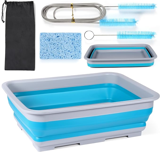 CPAP Cleaning kit Hose and Mask Brush with Collapsible Wash Basin Tub，Sponge and Storage Hag，6.9ft Extra Long Hose Brush, Compatible with 15mm and 22mm Hoses