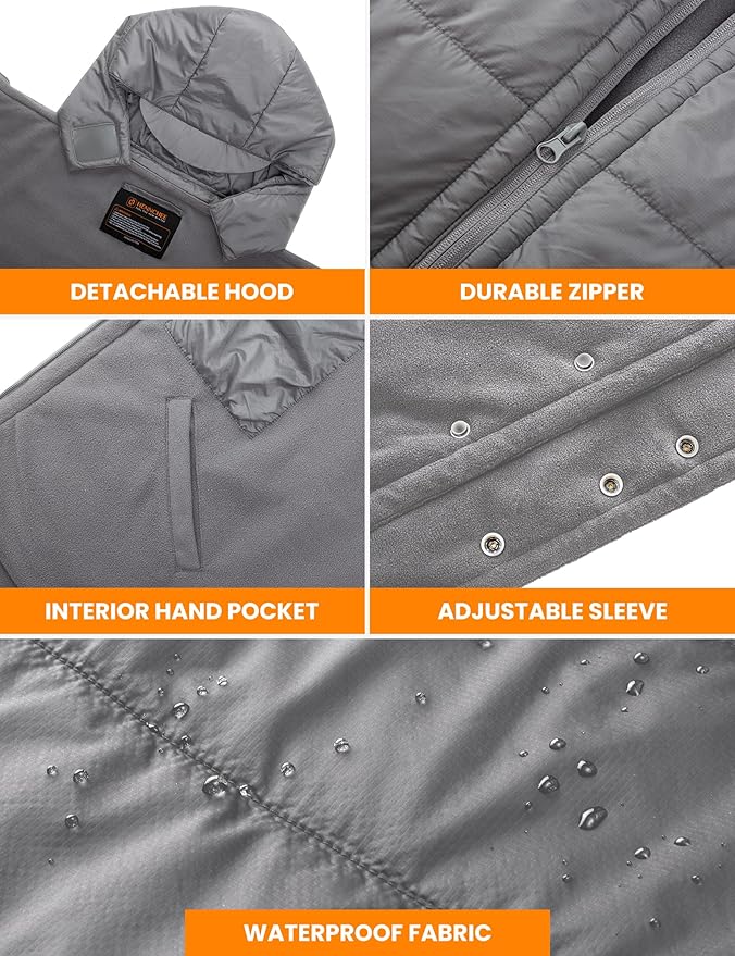 HENNCHEE Heated Blanket Battery Operated with Removable Hooded 70" x 42" Portable Heated Blanket with 16000mAh Battery Pack 5 Heating Zones Waterproof Heated Poncho for Home, Outdoors, Camping, Grey