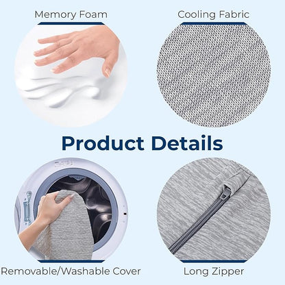 5 STARS UNITED Knee Pillow for Back Sleeping – Cooling Cover - Memory Foam Cushion for Sciatica Pain Relief – Under Leg Support for Sleeping on Back – Large Half Moon Bolster for Bed, Arctic Gray