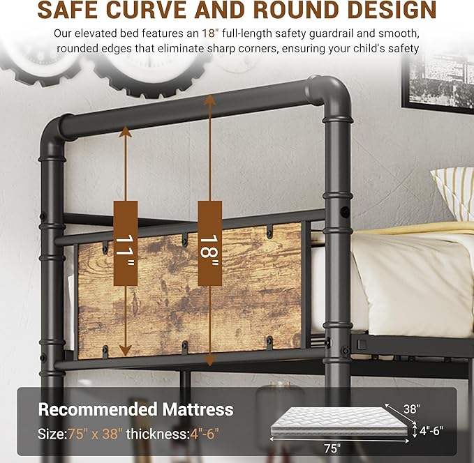 GarveeHome Loft Bunk Bed with L-Shaped Desk, Twin Loft Bed with Desk Underneath, Metal Bunk Beds with High Guardrail and Ladder for Kids/Teens/Adults, Easy Assembly, Vintage Brown