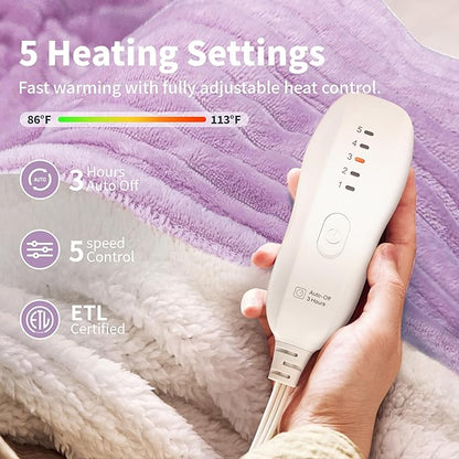 Heated Blanket Electric Blanket Throw 50”X60”-Heating Throw with 5 Heat Settings-3 Hours Auto Off,ETL Certified,Machine Washable (Purple)