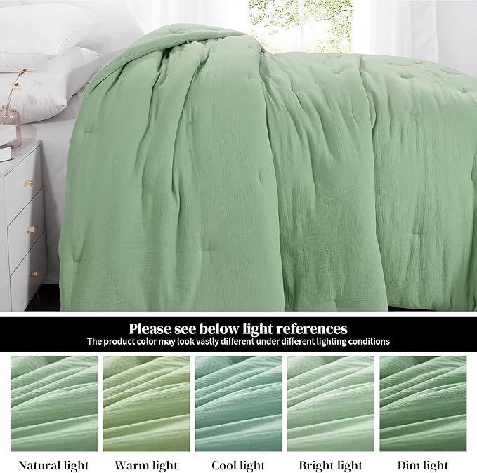 HOMBYS 100% Cotton Muslin Comforter Oversized King 120x120, Lightweight and Breathable Down Alternative Comforter,Soft Gauze Summer Sage Green Reversible Fluffy Duvet Insert