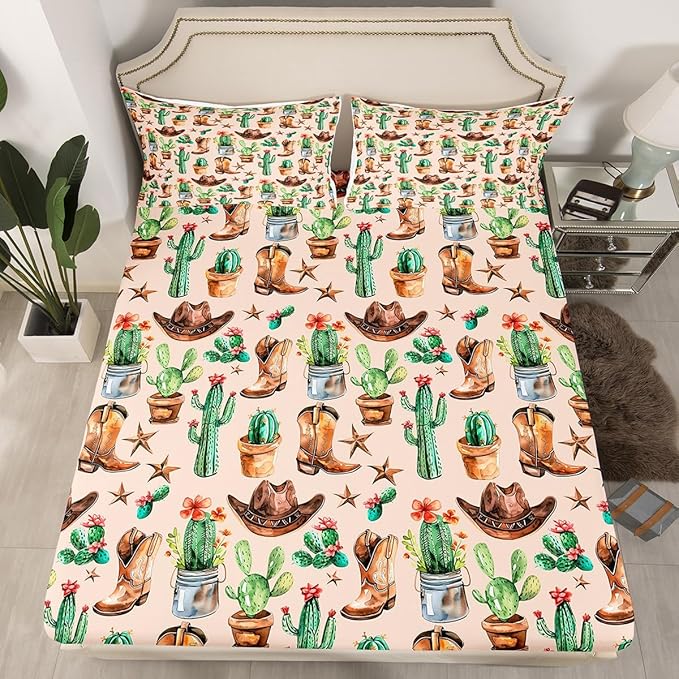 Western Cowboy Full Size Fitted Sheet,American Tribal Boots Hats Retro Texas Star 3 Pieces Kids Teenager Room Decor Natural Desert Cactus Rustic Brown Pocket 2 Pillowcases