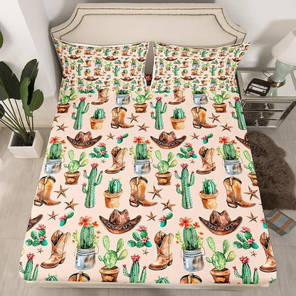 Western Cowboy Fitted Sheet,American Tribal Boots Hats Retro Texas Star Soft Decorative Fabric Bedding Natural Desert Cactus Rustic Brown Pocket Twin Size with 1 Pillowcase