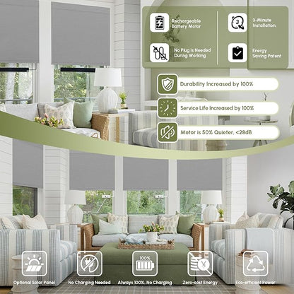 FineTell Motorized Blinds with Remote, 100% Blackout Roller Shades Compatible with Alexa,Apple Homekit,Google Home APP and Voice Control, Customized Electric Blinds (100% Blackout Pure Grey)
