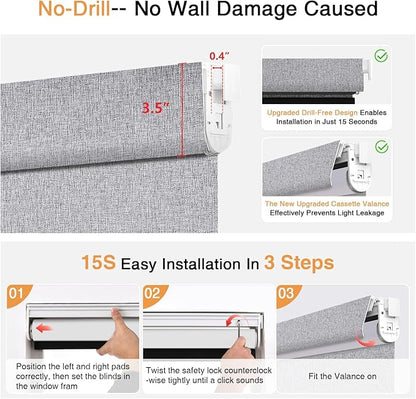 AOSKY No Drill Cordless Blackout Roller Shades with Valance,Customize Blinds for Indoor Windows,Room Darkening Window Shades Pull Down with Free-Stop Spring System, UV Protection for Home Heather Grey