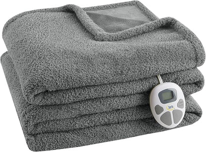 Serta Heated Blanket, Electric Twin Size Blanket, Soft, Warm, Fuzzy Heating Blanket Twin for Office, Couch, 1-12 hr Auto Shut Off Timer, 10 Lv Heat Setting, ETL Certified, Twin 62" x 84" Grey