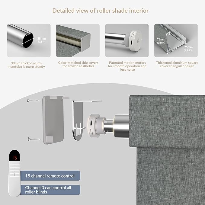 Boolegon Motorized Roller Blinds with Remote Control, Blackout Linen Fabric-Matched Automatic Roller Shades for Windows, Rechargeable Electric Window Shades for Home,Office, Gray, Custom Now.