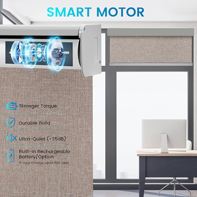 Motorized 100% Blackout Roller Shades – Custom Smart Blinds with Remote Control, Rechargeable Battery or Plug-in Motor, Tuya WiFi Optional, Home & Office Automatic Window Shades (Coffee Brown/CH9566)
