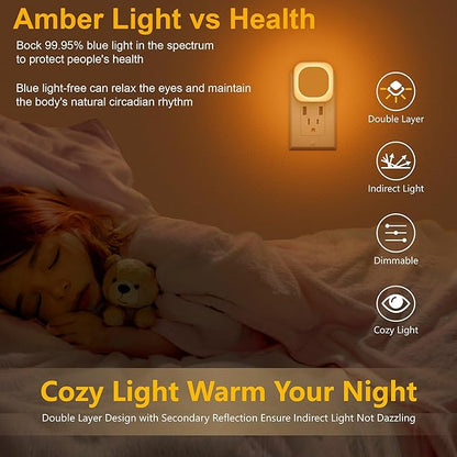 6 Pack Plug in Amber Night Light, Auto Dusk to Dawn, Soft Glow, Dimmable, Diffused Light, LED Lights for Bedroom, Kids, Bathroom, Sleep, Baby Nursery, Toddler, Hallway, Kitchen, Home Decor