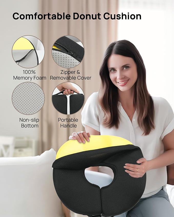 Feagar Donut Pillow Seat Cushion, X Large Memory Foam Hemorrhoid Pillow for Tailbone Pain, Sciatica & Pressure Sores Relief, Adjustable Design for Pregnancy, Postpartum, Surgery Recovery, Office Chair