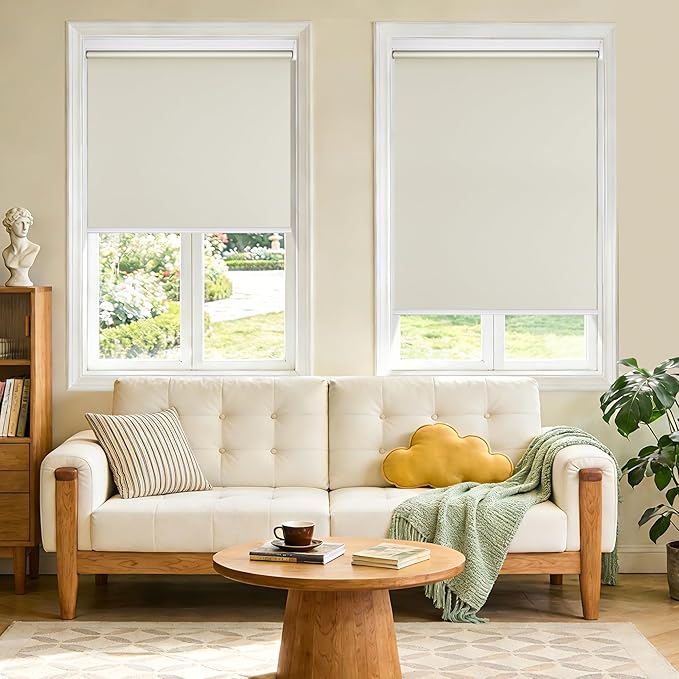 Grandekor Motorized Blinds with Remote | Blackout Cordless Electric Roller Shade Window Treatments, Compatible with Alexa/Google Assistant, for Bedroom, Living Room & Office,Cream-White|23" W x 72" H