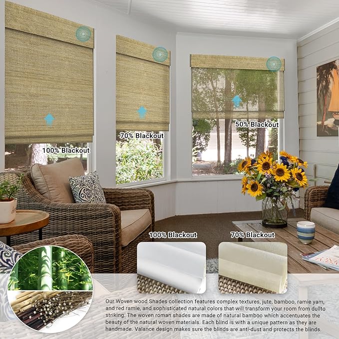 SmartWings Motorized Blinds Natural Woven Wood Shades for Windows Work with Matter Thread Homekit Z-Wave Alexa Google, Electric Auto Roman Shades Cordless Remote Control Customized, Kenaf 040