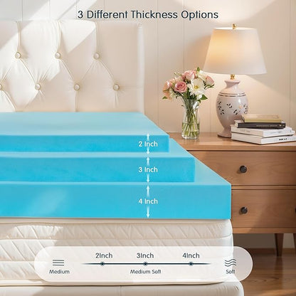 SyMax Memory Foam Mattress Topper, Gel Infused Foam Topper, Breathable Bed Topper, Pressure Relieving, CertiPUR-US Certified, 3 Inch, Queen Size