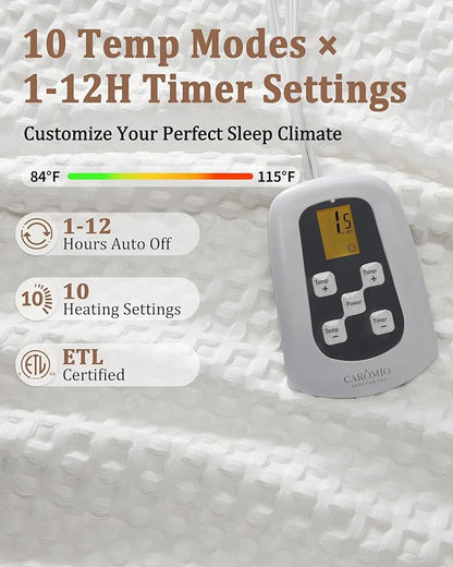 CAROMIO Heated Blanket Full Size, Waffle Weave Electric Blanket Throw with LCD Controller, Fast Heating, 10 Heat Levels & 1-12H Time Settings, ETL Certified, Machine Washable, Off White, 72" x 84"