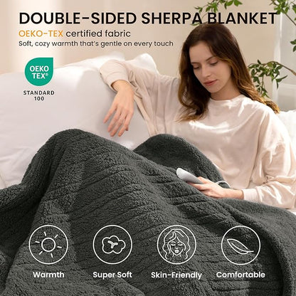 Heated Blanket Electric Blanket Throw - Fast Heating Blanket Throw Double Sided Sherpa Ultra Soft Cozy with 10 Heating Levels & 2-10 Hours Auto Off, Mashine Washable, 50 x 60 Inches, Grey