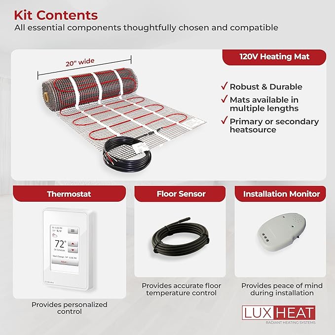 LuxHeat 45sqft Floor Heating Mat Kit - 120v In Floor Heat System - Electric Radiant Heated Flooring System for Tile & Laminate - Includes UWG4 WiFi Programmable Thermostat w/GFCI, Alarm & Sensor