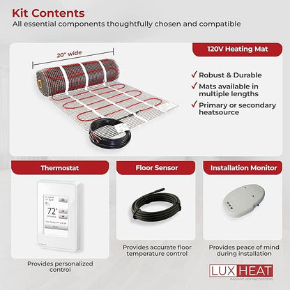 LuxHeat 45sqft Floor Heating Mat Kit - 120v In Floor Heat System - Electric Radiant Heated Flooring System for Tile & Laminate - Includes UWG4 WiFi Programmable Thermostat w/GFCI, Alarm & Sensor