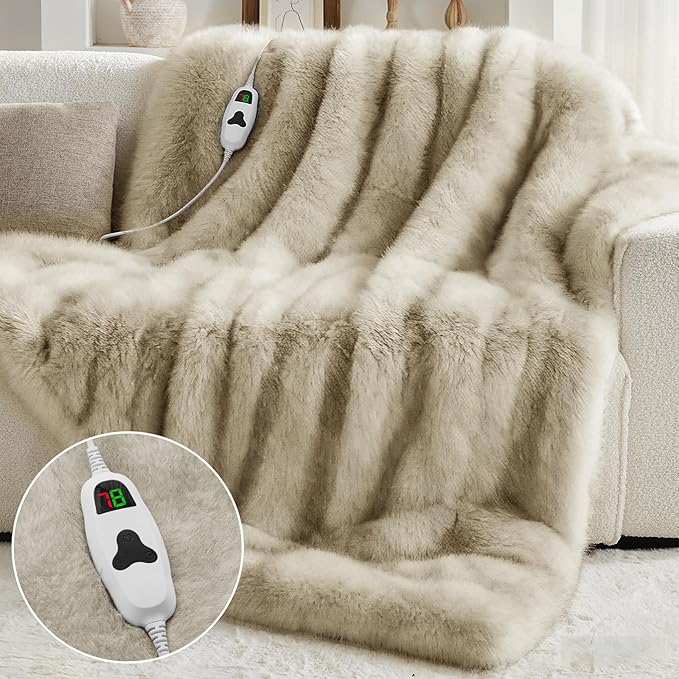 Heated Electric Blanket Twin, Octrot 60"X80" Faux Fur Heating Blanket Luxury Christmas Gifts Heavy Plush with 10 Heats Levels & 8 Hours Auto Off,Super Cozy Warm Fuzzy,Fluffy Decor Winter Warming,Beige