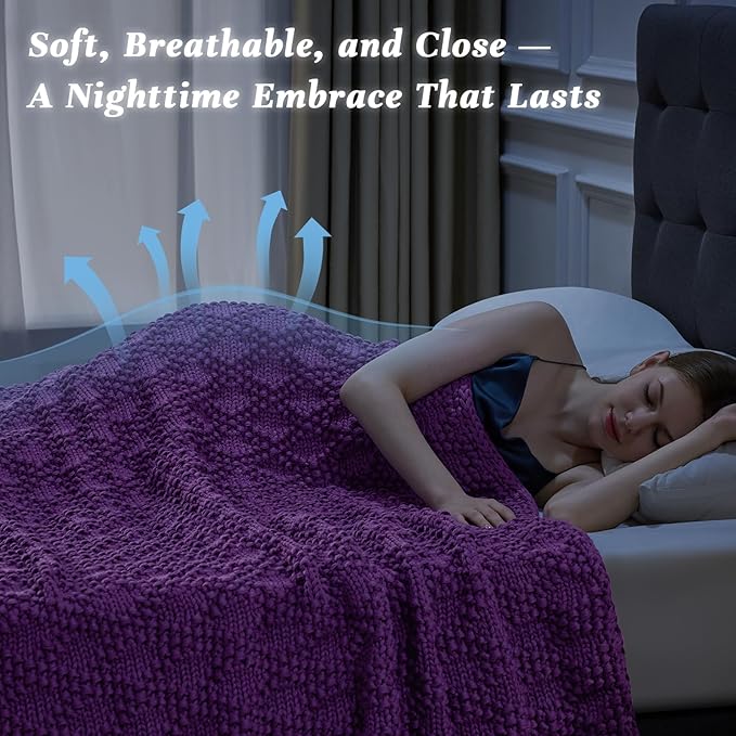 Knitted Weighted Blanket for Adult, Chunky Knit Weighted Throw for Sleep 60"*80" 17lbs, Cooling Breathable Machine Washable Heavy Blanket for Room Decor (Purple, Queen)
