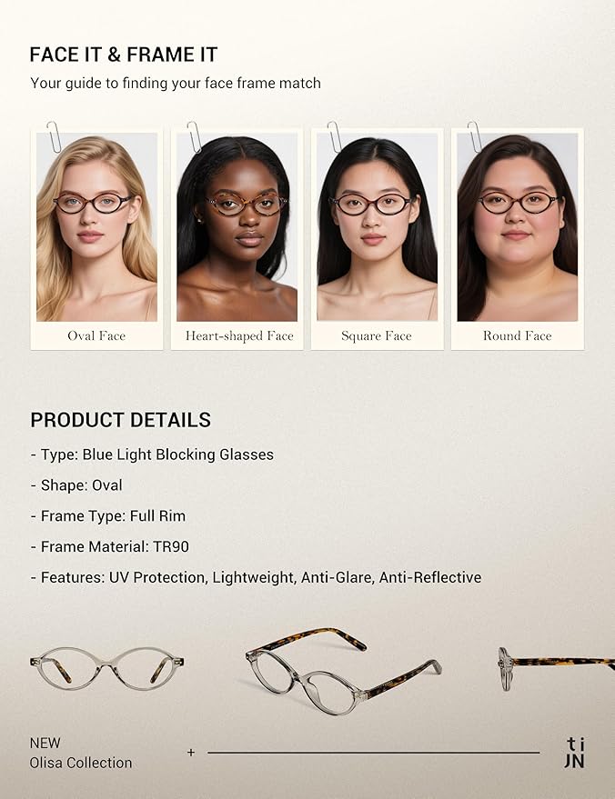 TIJN Olisa Blue Light Blocking Glasses for Women Men,Oval Glasses Frame Bluelight Glasses for Gaming/Computer/Screen