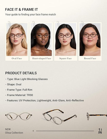 TIJN Olisa Blue Light Blocking Glasses for Women Men,Oval Glasses Frame Bluelight Glasses for Gaming/Computer/Screen