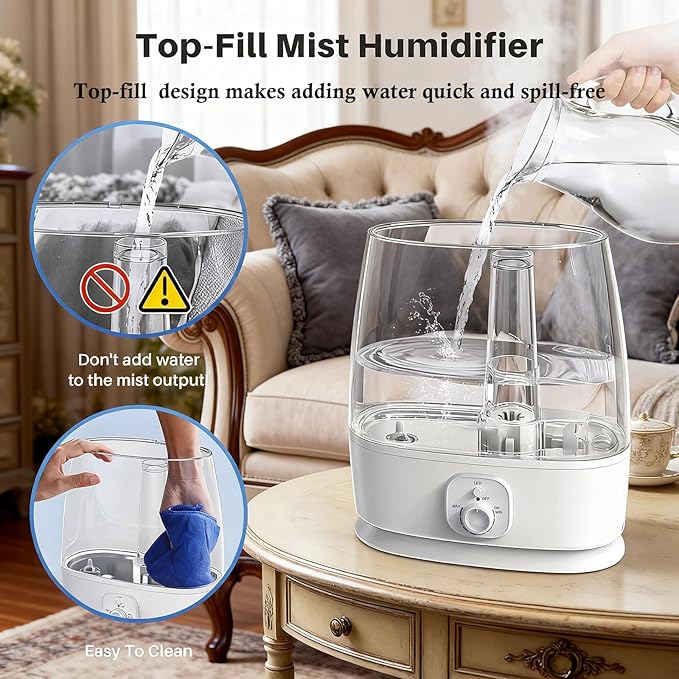 6L Humidifier for Large Room - Cool Mist Ultrasonic with 60H Runtime, Top Fill, Whisper Quiet ≤28dB, Auto Shut-Off, Essential Oil Diffuser & Night Light for Baby Nursery Bedroom Office