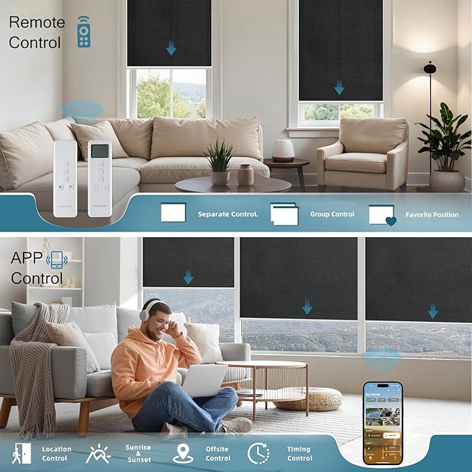 Motorized Light Filtering Roll Shades Work with HomeKit,1% Openness Smart Blinds for Windows, Electric Blinds with Remote, APP/Voice Control, Automatic Solar Shades,1% Openness Aventus Black