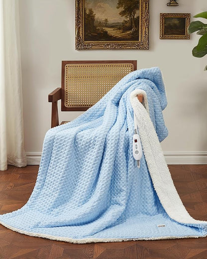 CAROMIO Heated Blanket Throw, Waffle Weave Electric Throw Blanket Fast Heating with LCD Controller, 6 Heat Levels & 4 Hour Auto Shut Off, ETL Certified, Machine Washable, Light Blue, 50" x 60"