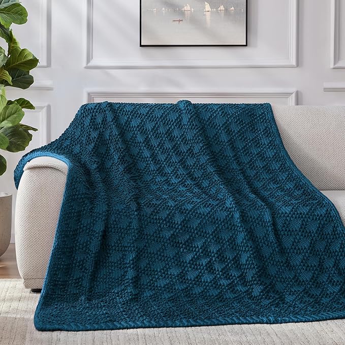 Knitted Weighted Blanket for Adult, Chunky Knit Weighted Throw for Sleep 50"*60" 10lbs, Cooling Breathable Heavy Blanket for Hot Sleepers, Machine Washable Blanket for Room Decor(Peacock)