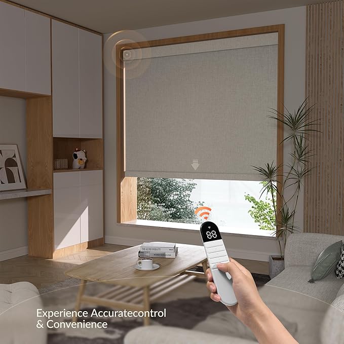 Boolegon Motorized Roller Blinds with Remote Control,Blackout Linen Fabric-Matched Automatic Roller Shades for Windows,Rechargeable Electric Window Shades for Home,Office,Light Brown,Custom Now