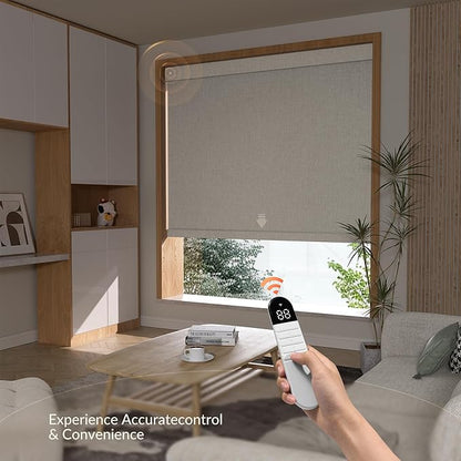 Boolegon Motorized Roller Blinds with Remote Control,Blackout Linen Fabric-Matched Automatic Roller Shades for Windows,Rechargeable Electric Window Shades for Home,Office,Light Brown,Custom Now