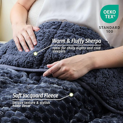 Wemore Fleece Weighted Blanket for Adults (48" x 72" 15lbs, Grey-Blue), Dual Sided Cozy Soft Sherpa Heavy Blanket, 3D Imitation Turtle Shell Warm Jacquard Flannel Weighted Blankets for Couch and Bed