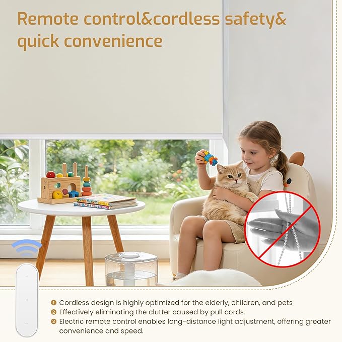 Grandekor Motorized Blinds with Remote | Blackout Cordless Electric Roller Shade Window Treatments, Compatible with Alexa/Google Assistant, for Bedroom, Living Room & Office,Cream-White|35" W x 72" H