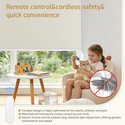 Grandekor Motorized Blinds with Remote | Blackout Cordless Electric Roller Shade Window Treatments, Compatible with Alexa/Google Assistant, for Bedroom, Living Room & Office,Cream-White|35" W x 72" H